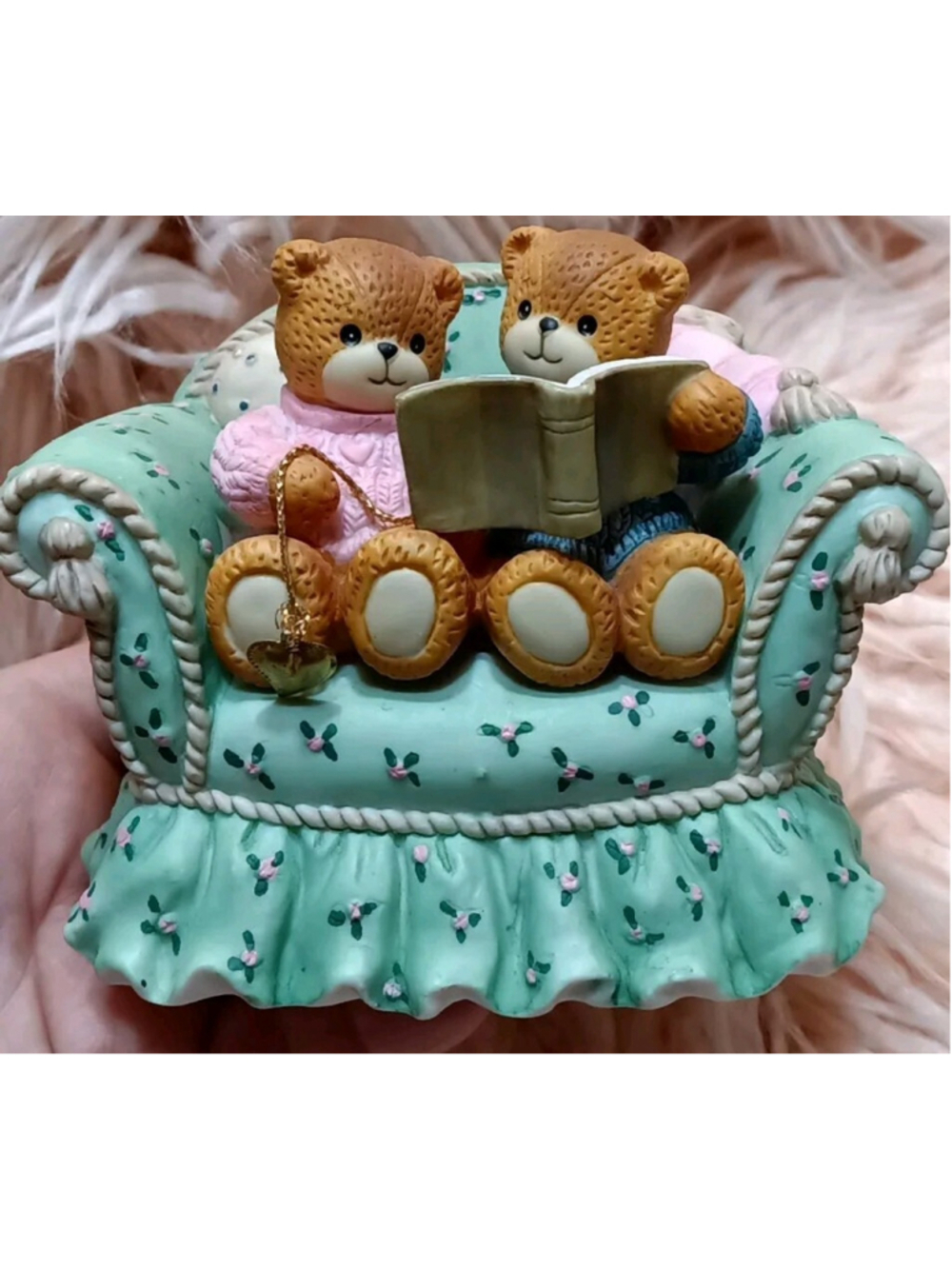 Lucy and Me Figurine Two Bears on Couch Reading- Plays The Song "Always" 1996